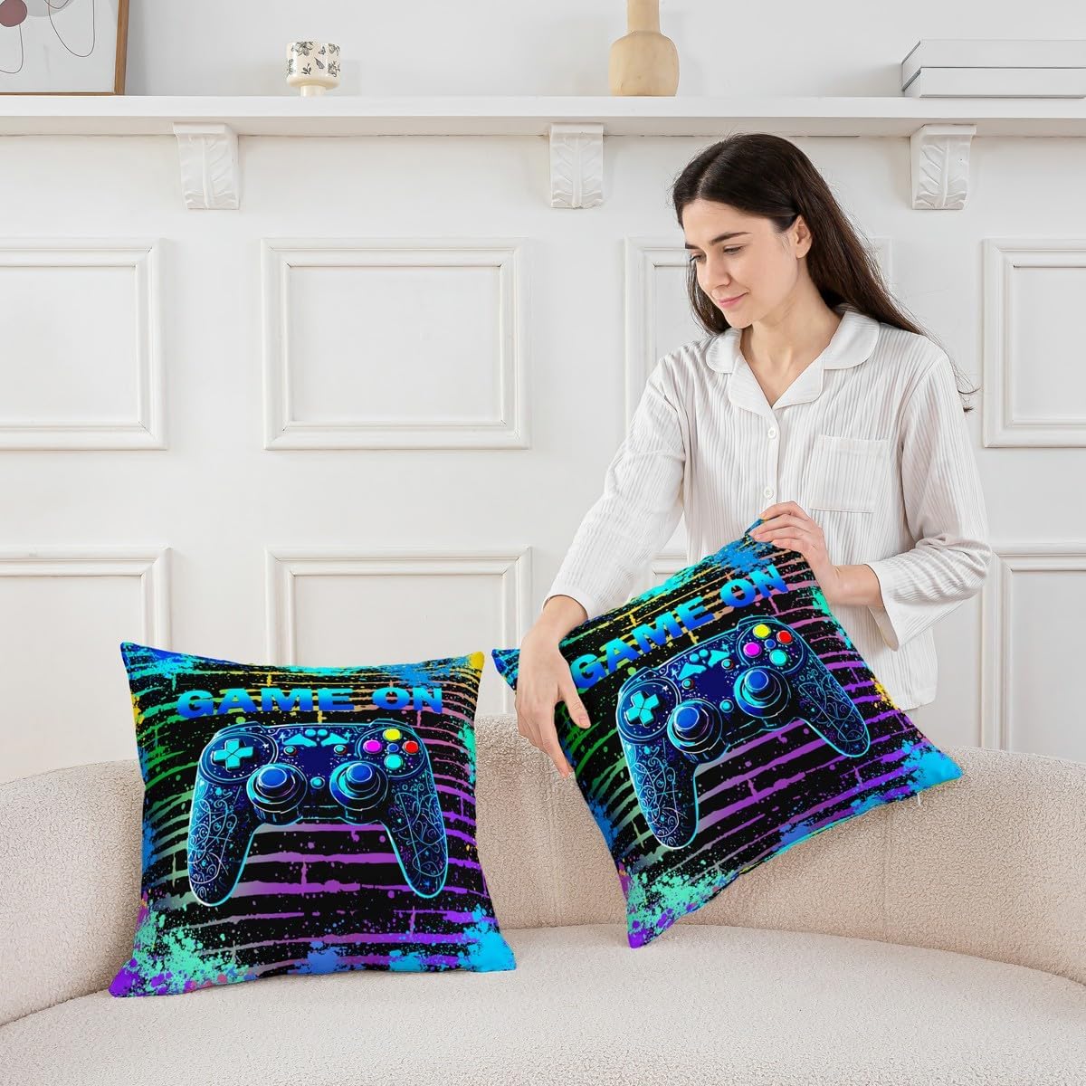 Manfei Gamepad Console Kids Throw Pillow Cover,Geometric Tie-dye Stripe Graffiti Video Game Double Sides Pillow Case,Modern Gamer Gaming Blue Bed Couch Sofa Cushion Cover,4 Pack 18"x18" image 4