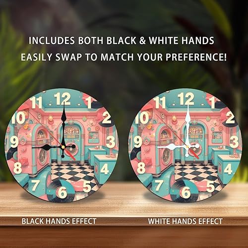 Miniatura 2 de Lancholy Pink Jukebox Diner - Reloj de pared retro vintage de madera de 10 pulgadas, movimiento silencioso, funciona con pilas (AA no incluidas),