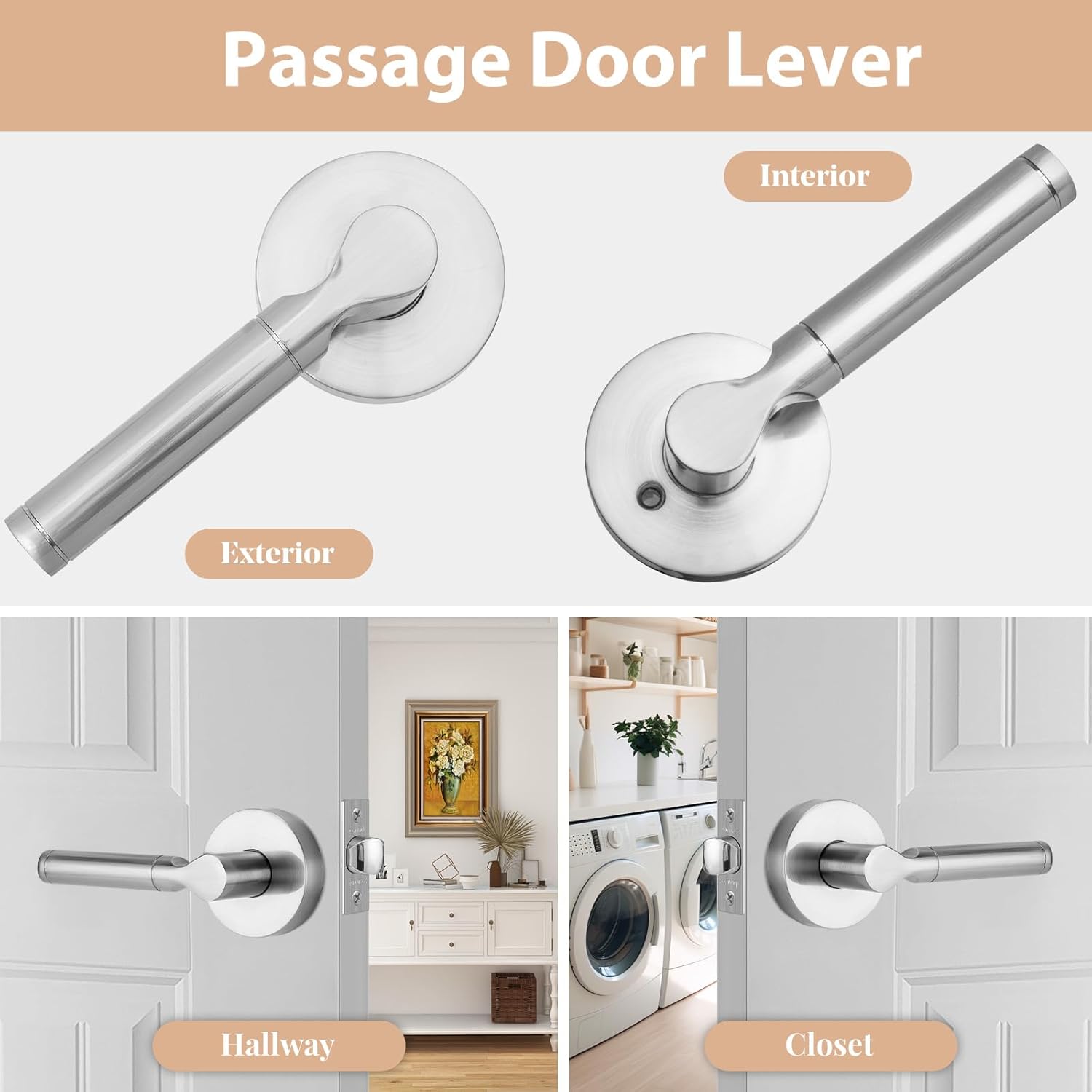 Round Passage Free Rotation Non-Locking Door Handle Lock Without Key,Heavy Duty Interior Keyless Lever for Hallway/Closet,Reversible Left/Right Doorknob,Only Latching Required (Brushed Nickel)