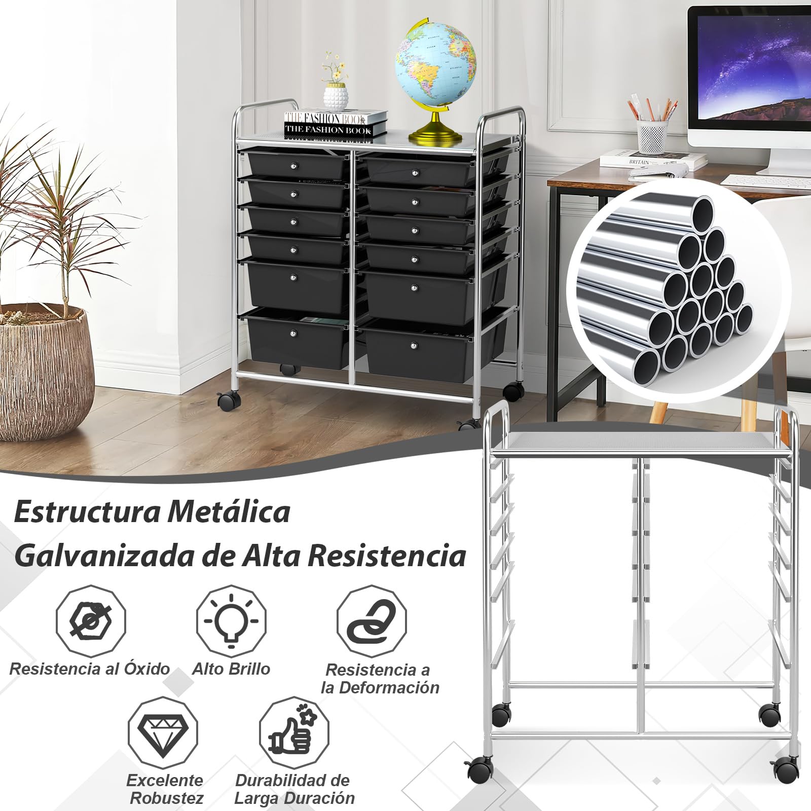 COSTWAY Carrito Auxiliar con Ruedas, Mueble Auxiliar Cocina con 12 Cajones Apilables, Carrito Organizador de Estructura Metálica para Cocina Oficina, Baño (Negro)