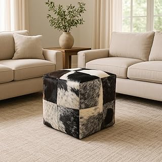 Unstuffed Premium Hair-on Leather Ottoman Pouf Cover, Boho Handmade Genu...