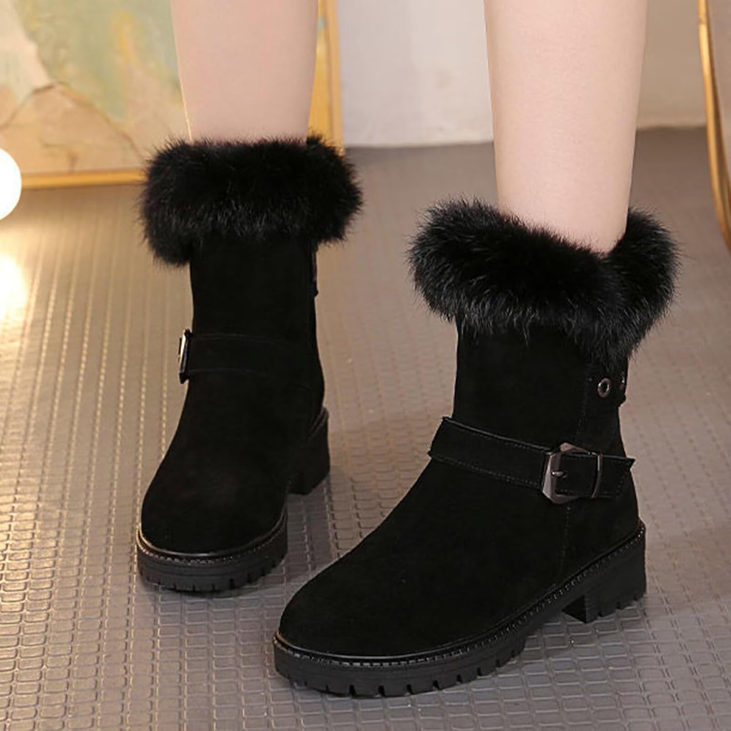 Agodor Women Snow Boots,Winter Shoes,Warm Faux Fur Round Toe Low Heels Side Zipper Outdoor Non-Slip Short Booties