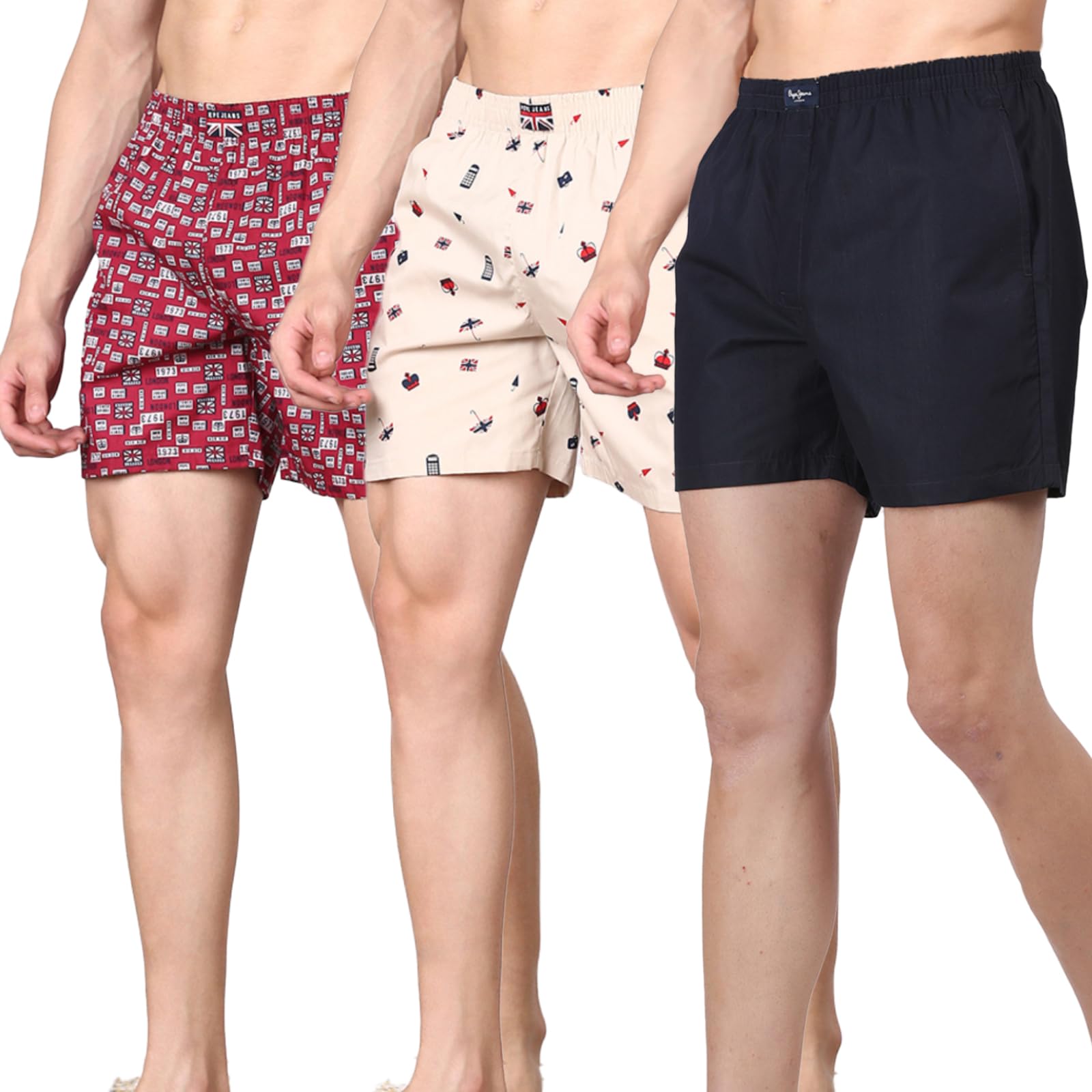 Men's Cotton Boxers Multipack Combo – Soft & Breathable, 2 Side Pockets, Comfortable Fit for Everyday WearPack of 3 | Tofu & Navy & Rumba-image-45