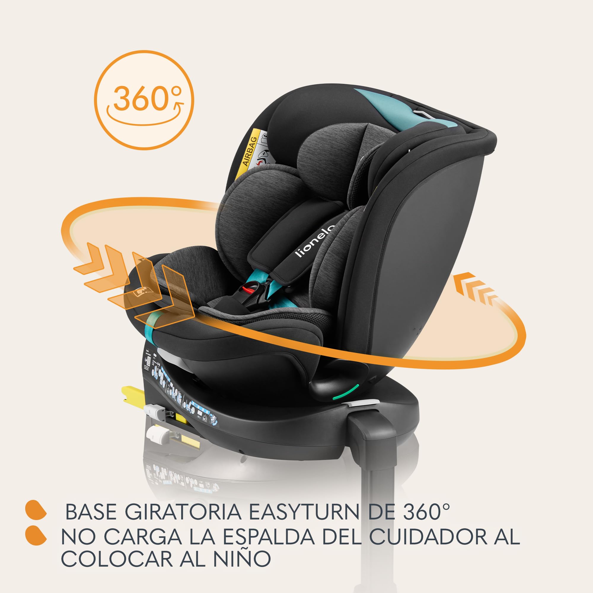 LIONELO NAVY i-Size Silla Coche Bebé Giratoria 360O Para Niños de 40-150 cm Grupo 0+1 2 3 Montaje delantero y trasero ISOFIX Pata de estabilización Reposacabezas y Dri-Seat (Turquoise)