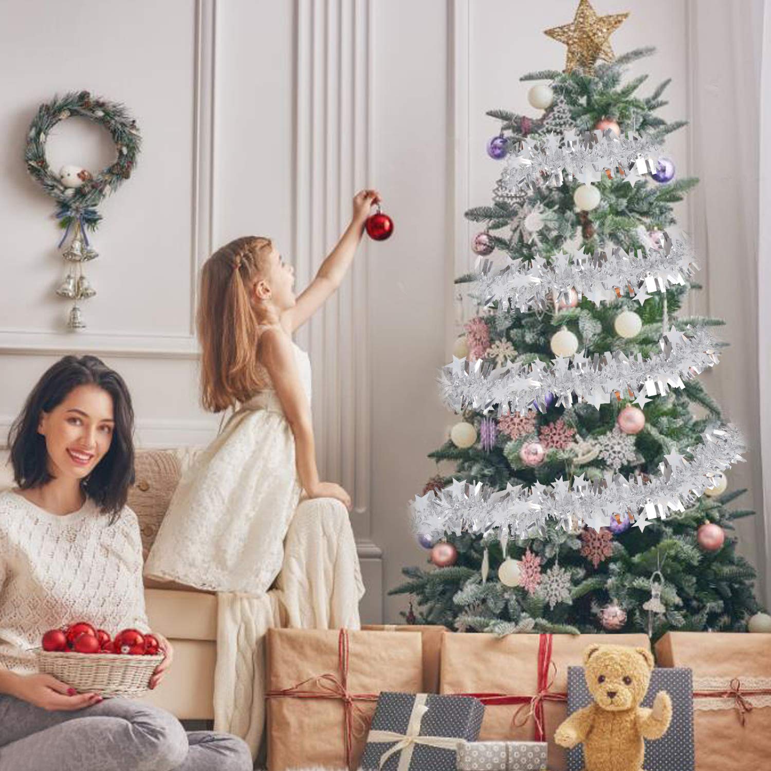 Guirnalda de espumillón para Navidad, Guirnalda de oropel navideña Rosa de 6M for árbol de Navidad(Silver Tinsel)