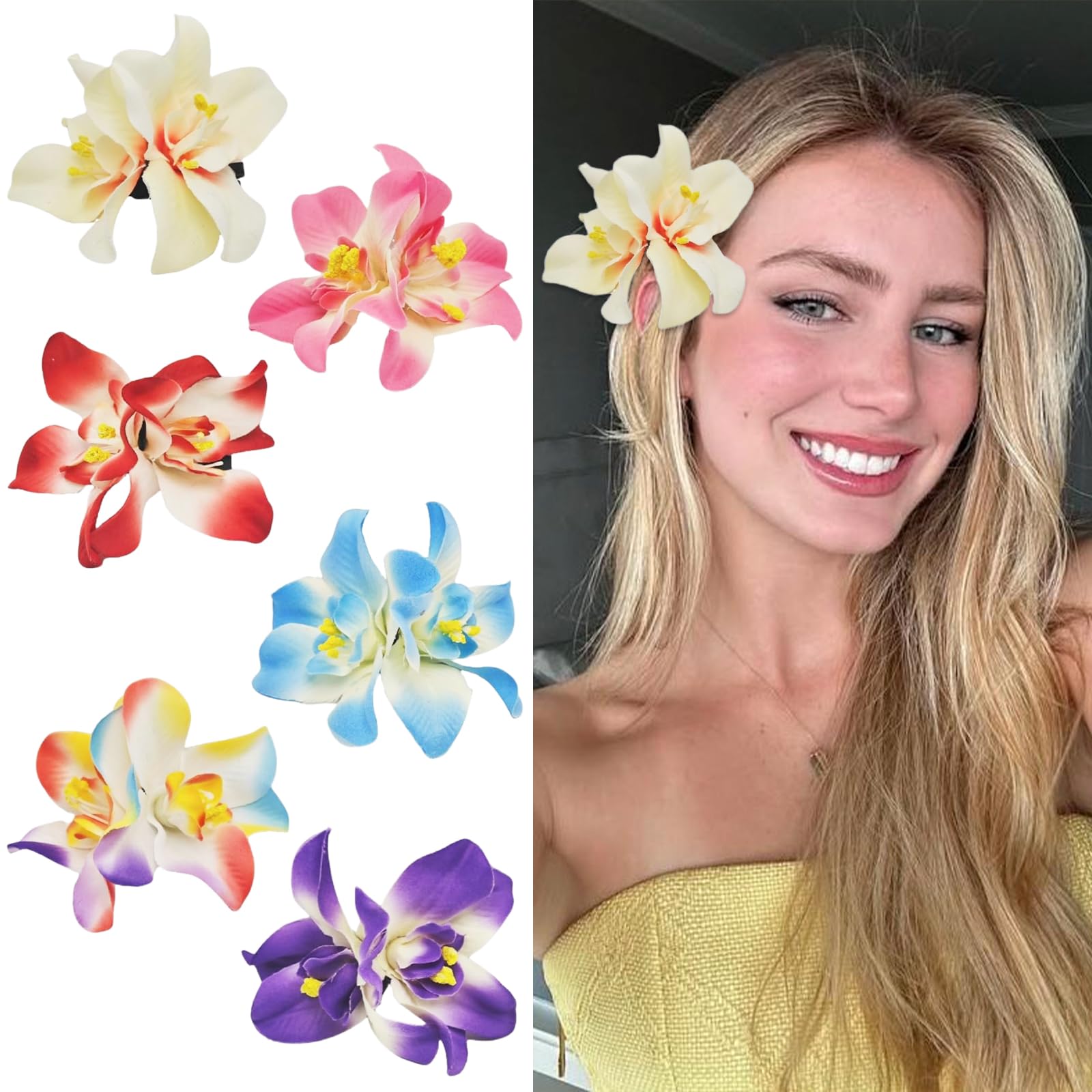 Flor Hawaiana Pelo, 6 Piezas Exquisito Pinzas Pelo Flores Mujer, Flower Hair Clip Estilo Boho, Horquillas Flores Pelo para Verano Hawaianas Vacaciones Playa Piscina Fiestas (Color-B)