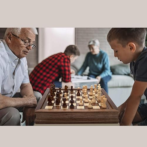 Miniatura 8 de AMEROUS Juego de ajedrez magnético de madera, juego de ajedrez de 12.8 x 12.8 pulgadas con 2 cajones de almacenamiento incorporados, 2 extra Queens