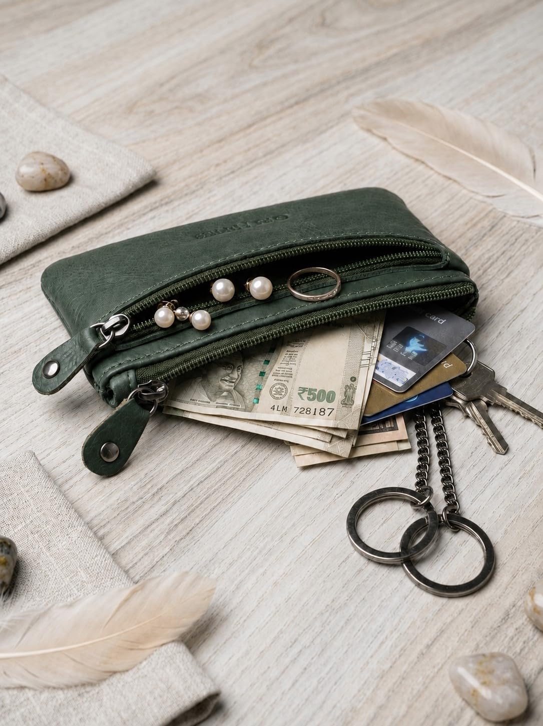 CALFNERO Genuine Leather Coin Wallet & Key Case | Leather Key Organizer for Men Women | Zippered Key Holder, Coin Purse, Cash & Card Pouch | Unisex Compact Travel Wallet (Green) 3
