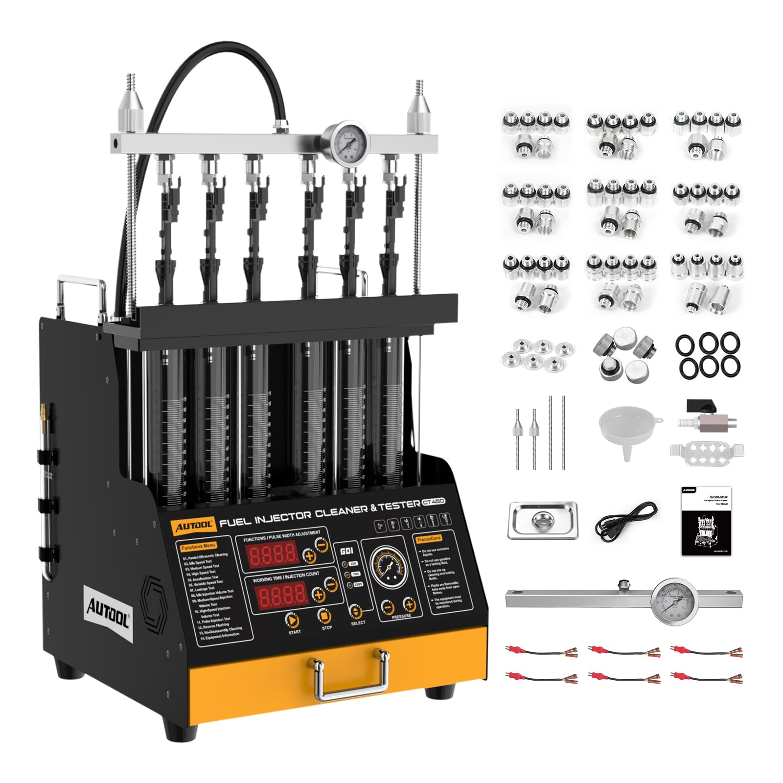 AUTOOL CT450 Fuel Injector Tester &amp; Cleaner, 6-Cylinder Ultrasonic Injector Cleaning Machine with Heating, GDI EFI FSI Compatible, 3 Cleaning Modes &amp; 10 Test Functions, 12V/70V/120V Output