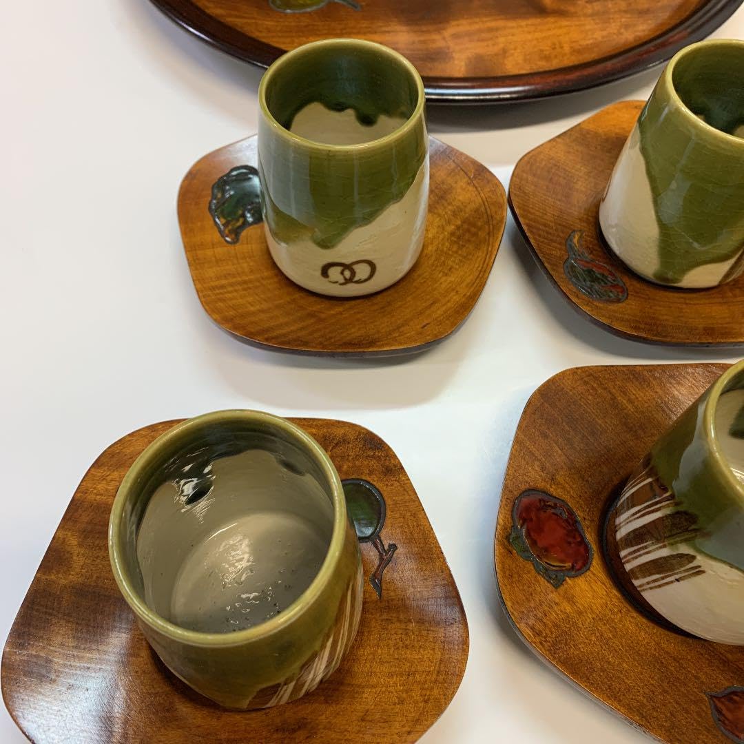 岡山特産品 烏城彫 お盆と湯呑み茶碗と茶托のセット ホビー・楽器・アート