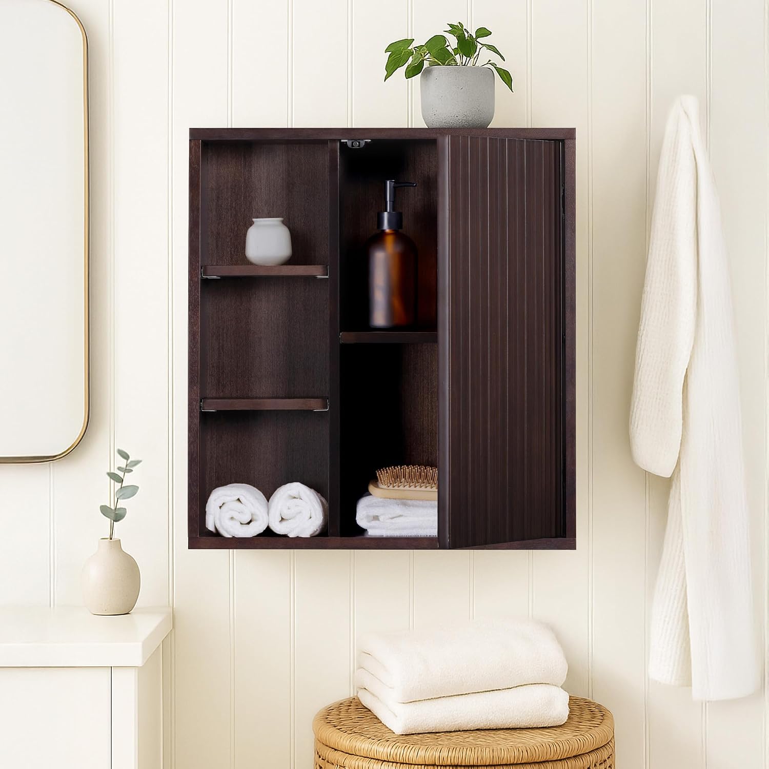 Teamson Home 22″ Wide Bathroom Wall Cabinet with Open Compartments & 1 Door with Fixed Interior Shelf, Wall Mounted Medicine Cabinet with Wooden Bracket for Mounting, Natural Fluted Finish in Espresso