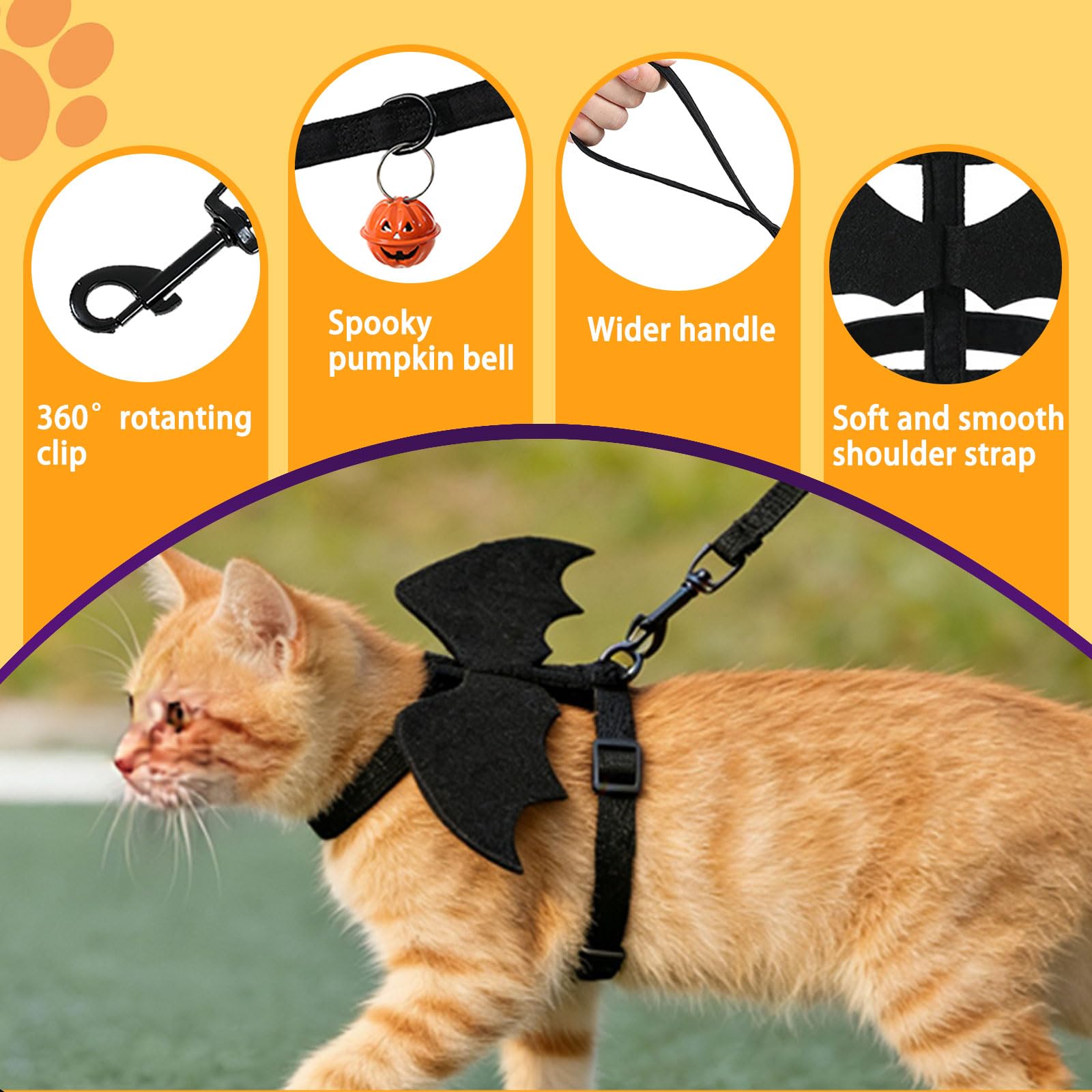 Katzengeschirr und Leine, Katzen-Halloween-Kostüme mit Fledermausflügeln, ausbruchsicher, weich, verstellbare Weste, einfache Kontrolle, atmungsaktiv, Halloween-Kostüm, Geschirr für kleine
