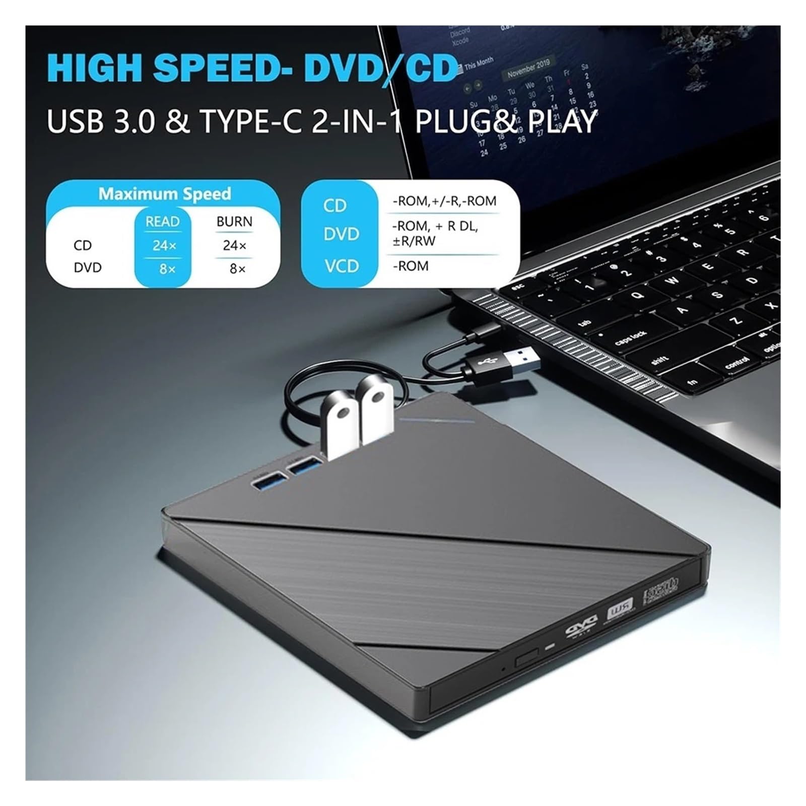 7w1 USB3.0 Typ C TF Zewnętrzne CD DVD RW Napędy Optyczne Nagrywarka Czytnik Tacy Odtwarzacza Na PC Laptop Notebook Wyczyść Proces Odtwarzania