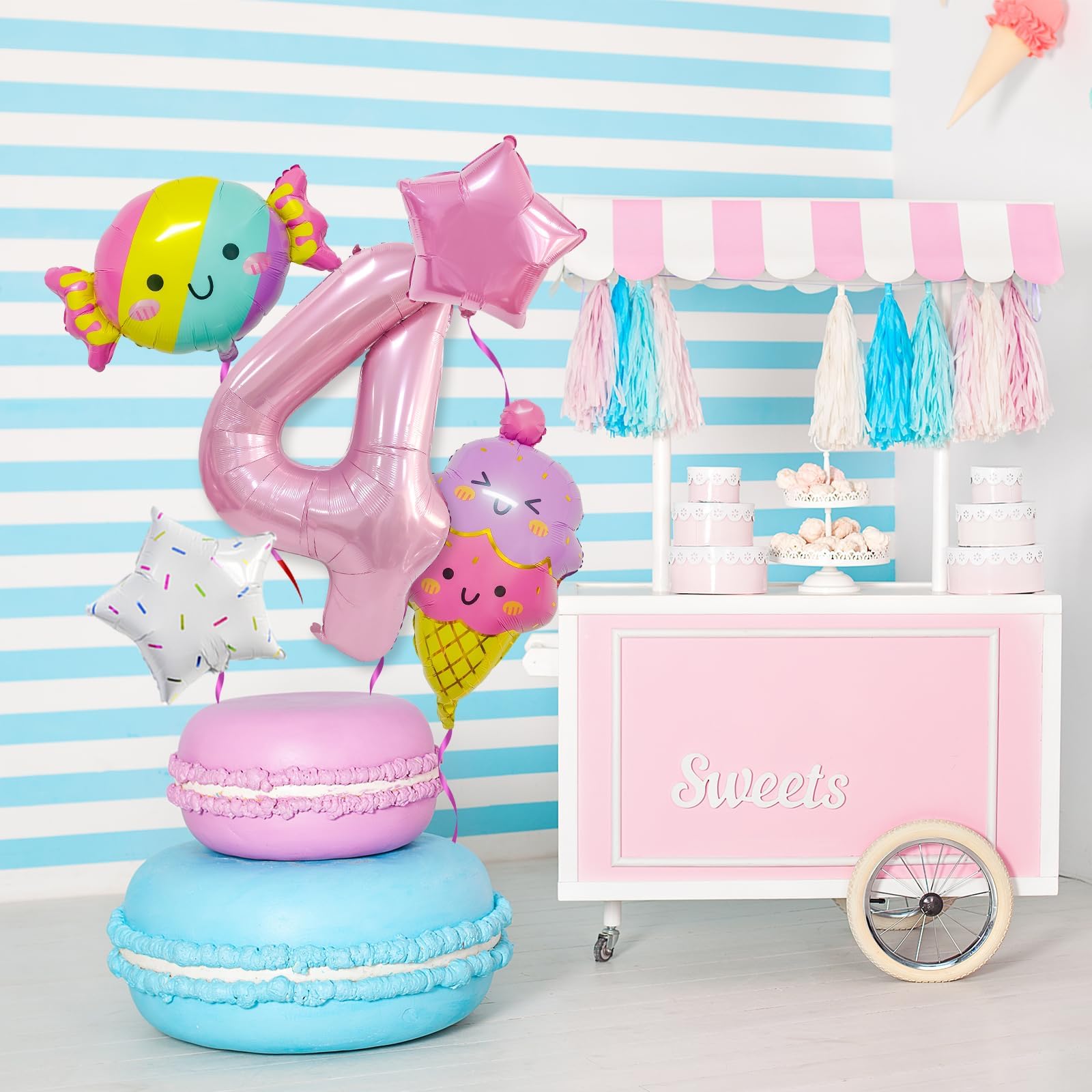 Eiscreme Ballon-Set – 5 Riesen-Folienballons Mit Zahl 4, Sternen & Bonbons Für Kindergeburtstag