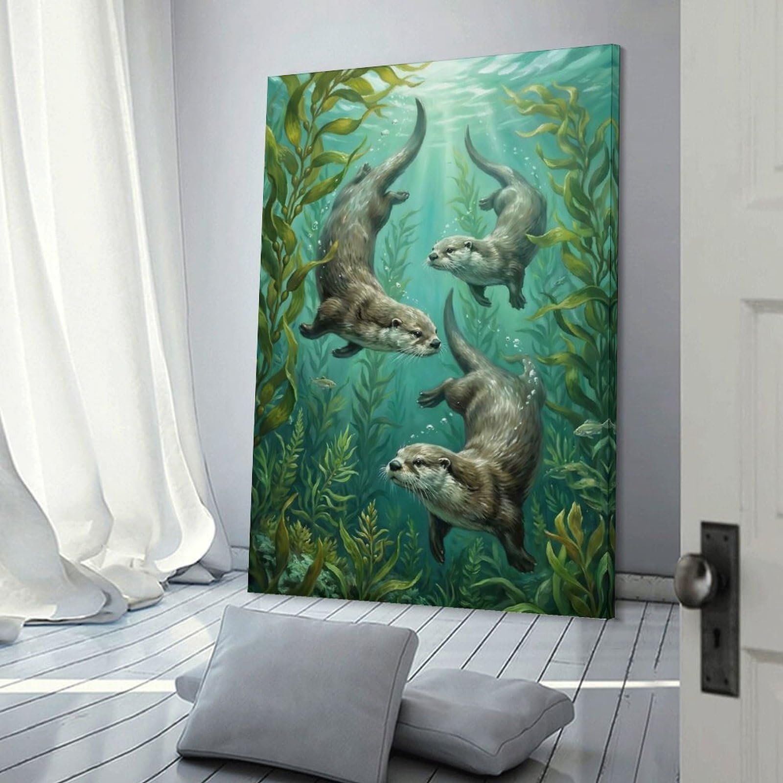 Junmoney Room Decor Wall Art Otters in Kelp Forest Painting, 20x30inch(50x75cm), for Workspace Walls, Study Corners Or Bedrooms, A Smart Decor Choice for Study Walls