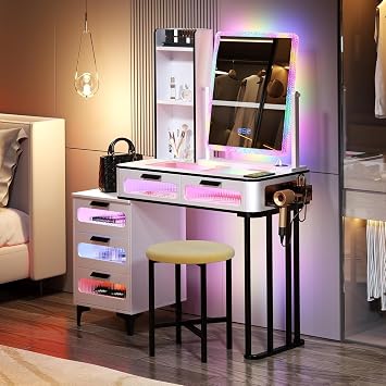 FREDEES Dressing Table with Mirror and RGB Lights, White | Glam Glass Top & USB Charging Station, 5 Large Drawers & Stool, Hidden & Open Storage Shelves, Rotatable Mirror