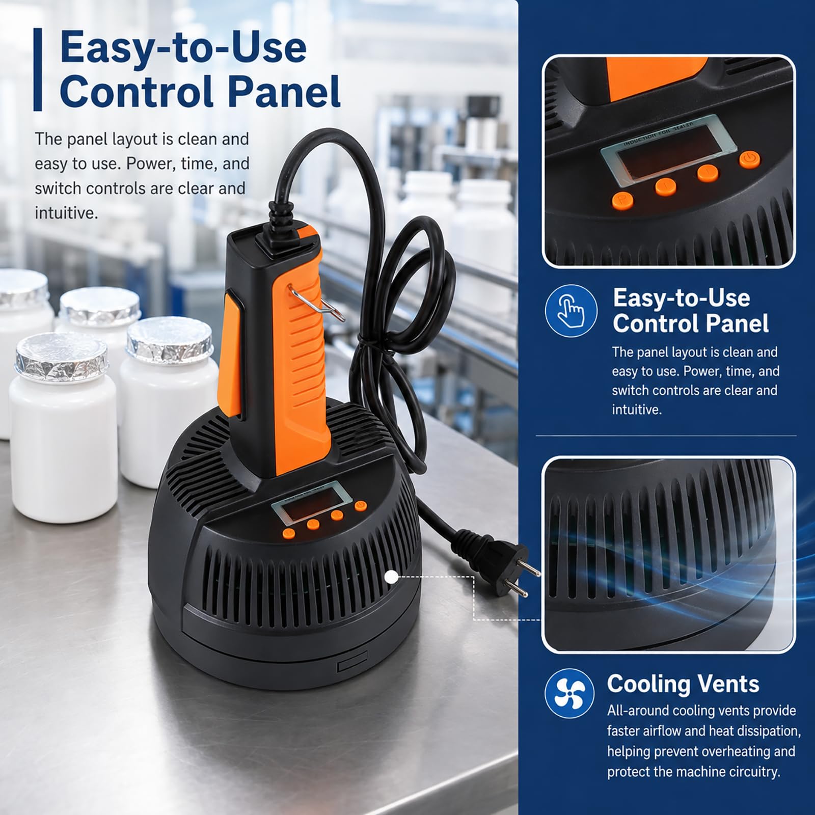 Machine de Scellage À Induction Portable, Scelleuse de Bouchons en Aluminium Électromagnétique À 5 Niveaux Réglables pour Bouteilles en Plastique Et en Verre de 20 À 80 Mm