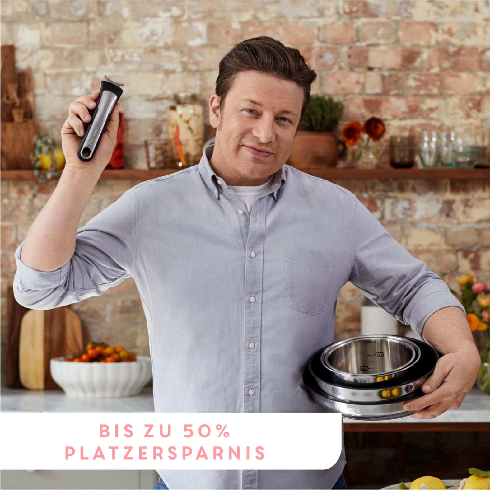 Jamie Oliver by Tefal Ingenio 3-teiliges Pfannenset abnehmbarer Griff, 24/28 cm, stapelbar, platzsparend, Pfannenset Induktion mit Antihaftversiegelung, einfache Handhabung und Reinigung, L97691