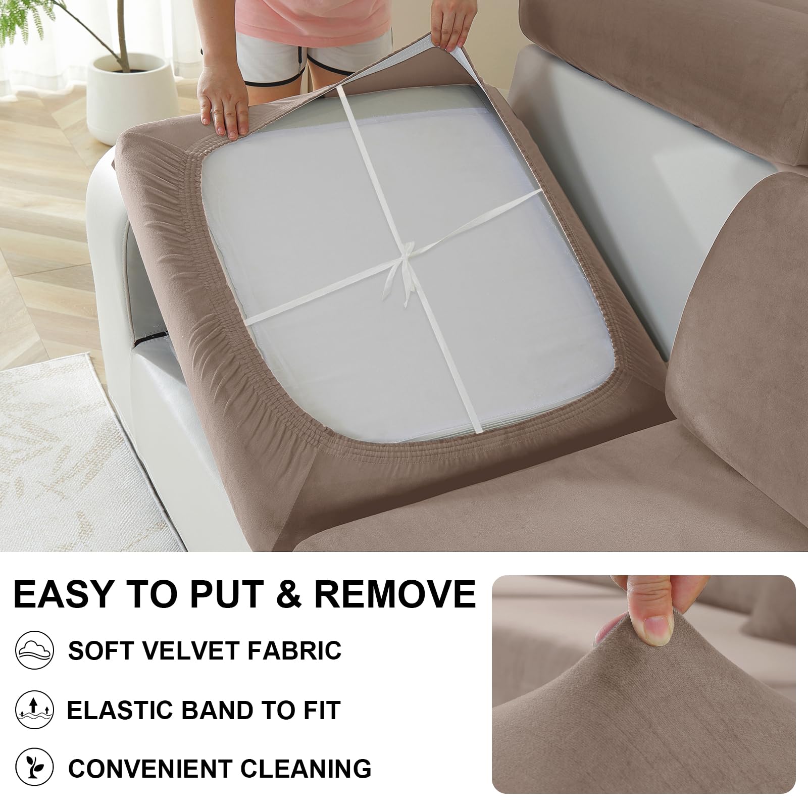 Velluto Copriseduta Divano Elasticizzato, Universale Copricuscini Divano Antiscivolo, Copridivano Cuscini Separati, Soft Sofa Seat Cover Lavabili(3 Posti, Cachi)