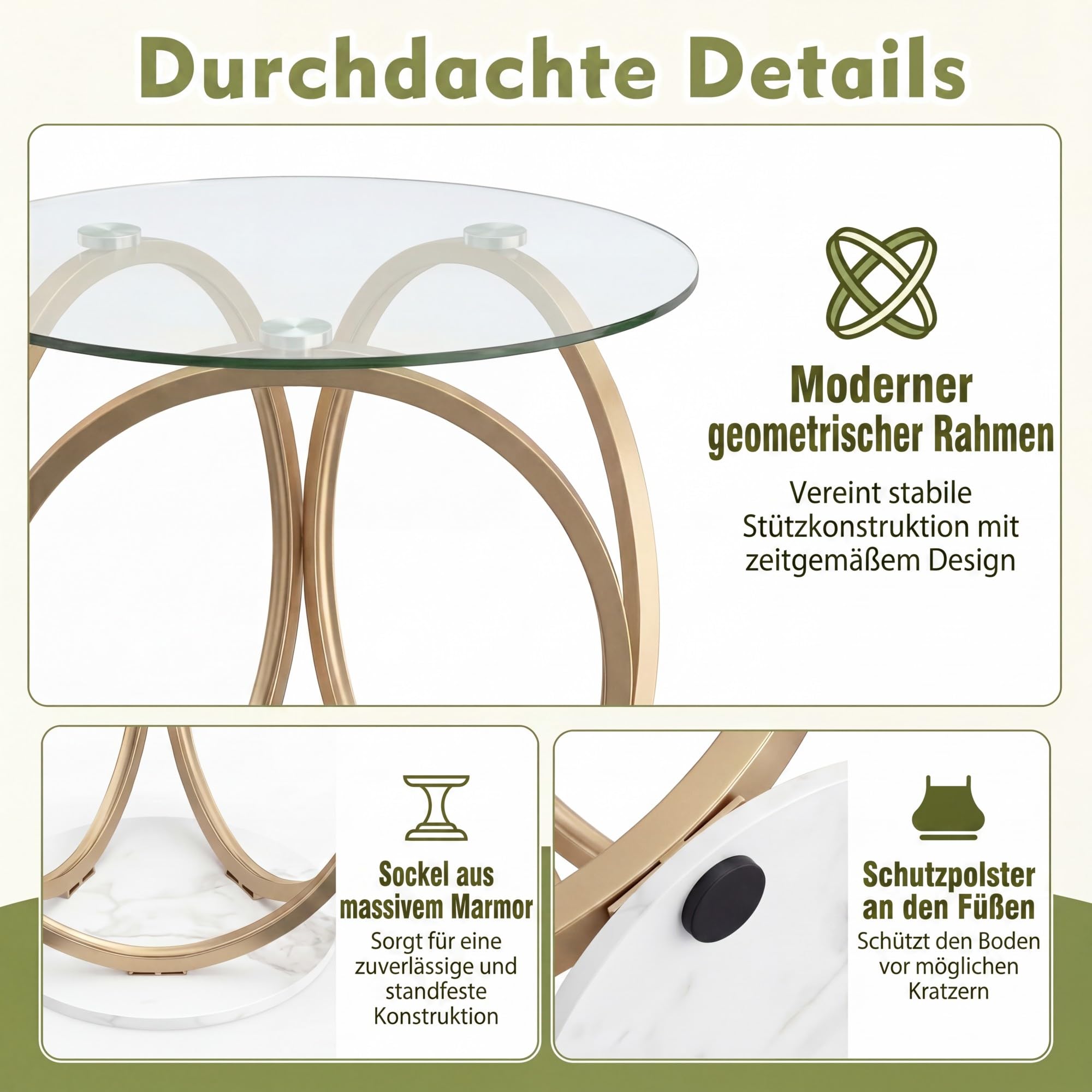 SOARS Runder Couchtisch aus Glas mit 2 Ablagen und goldenem Metallgestell