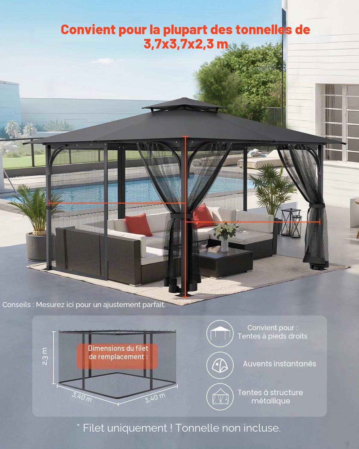 VEVOR Moustiquaire Tonnelle de 365,8x365,8x228,6 cm, Moustiquaire Gazebo Extérieur, avec Double Fermeture Éclair, Rideau de Tonnelle en Maille Anti-moucherons pour Jardin, Patio, Filet Uniquement