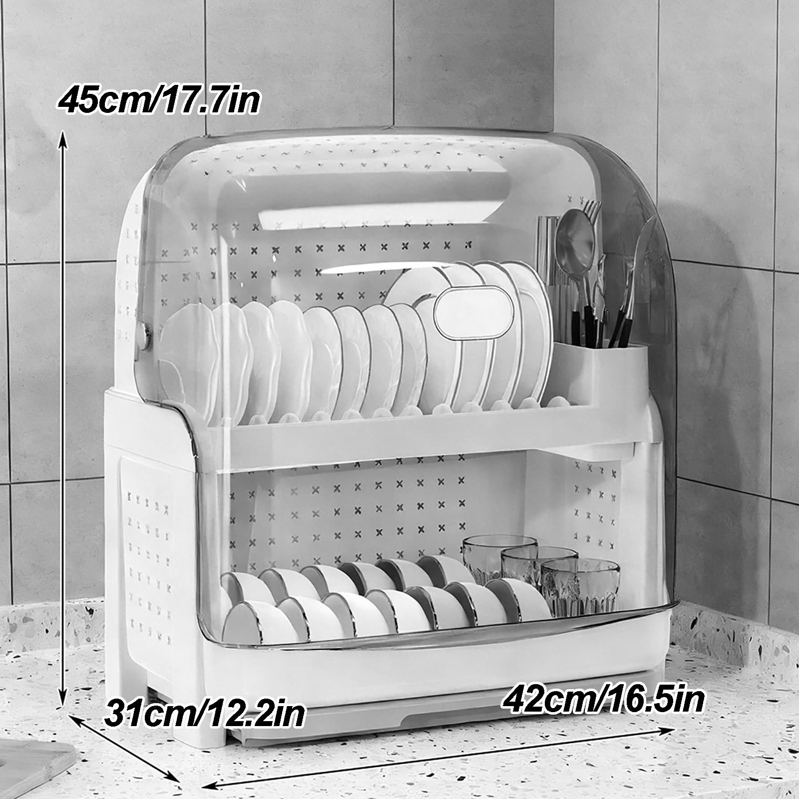 Egoutoire Vaisselle Cuisine, 2 Niveaux en Plastique, Egouttoir Vaisselle sur Evier avec Couvercle Rabattable Transparent et Compartiments de Rangement(Black)