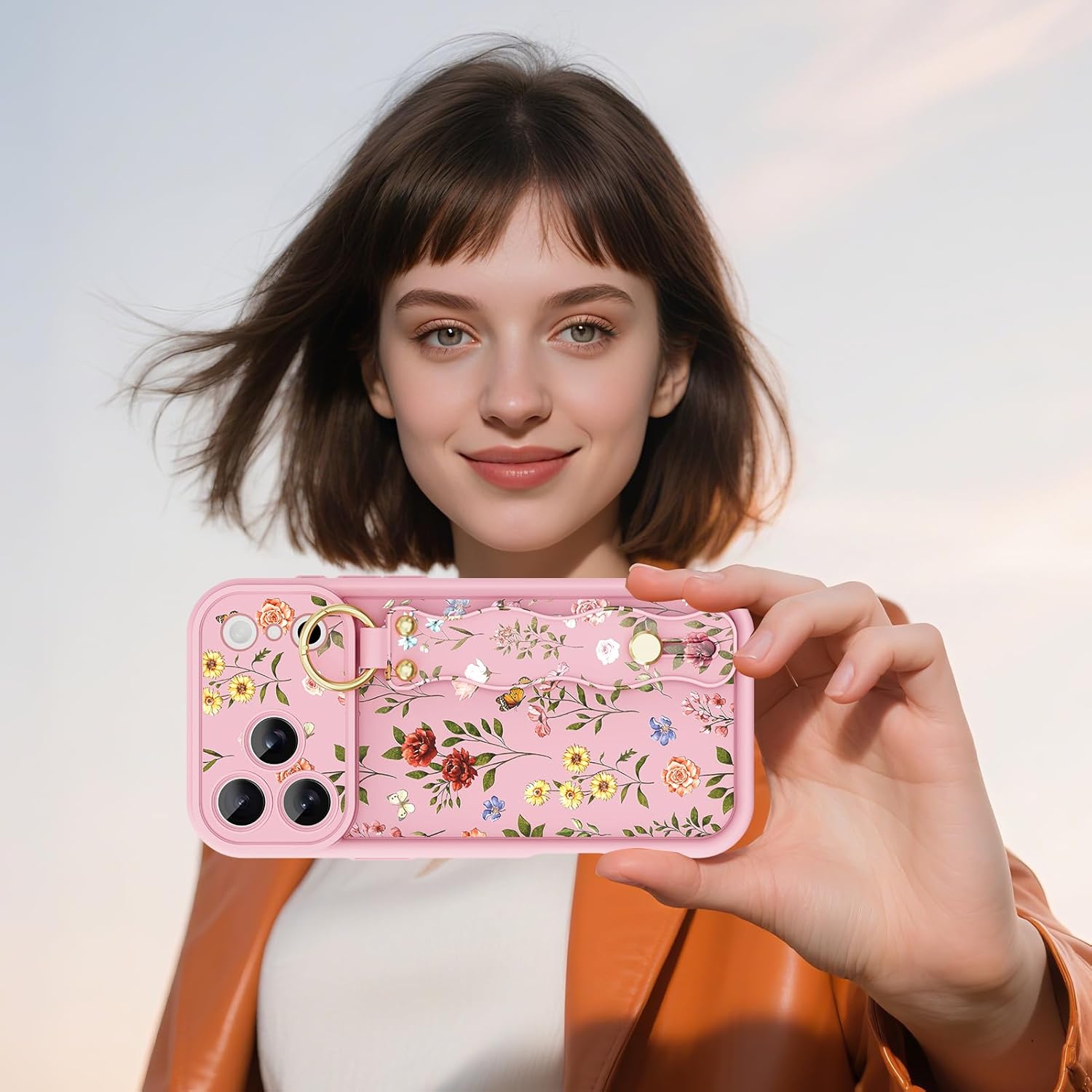 Compatible with iPhone 17 Pro Max Case with Wrist Strap, Cute Floral Flower Pattern [Upgraded] Soft TPU Adjustable Wristband Kickstand Shockproof Protective Cover for Girl Women, Pink