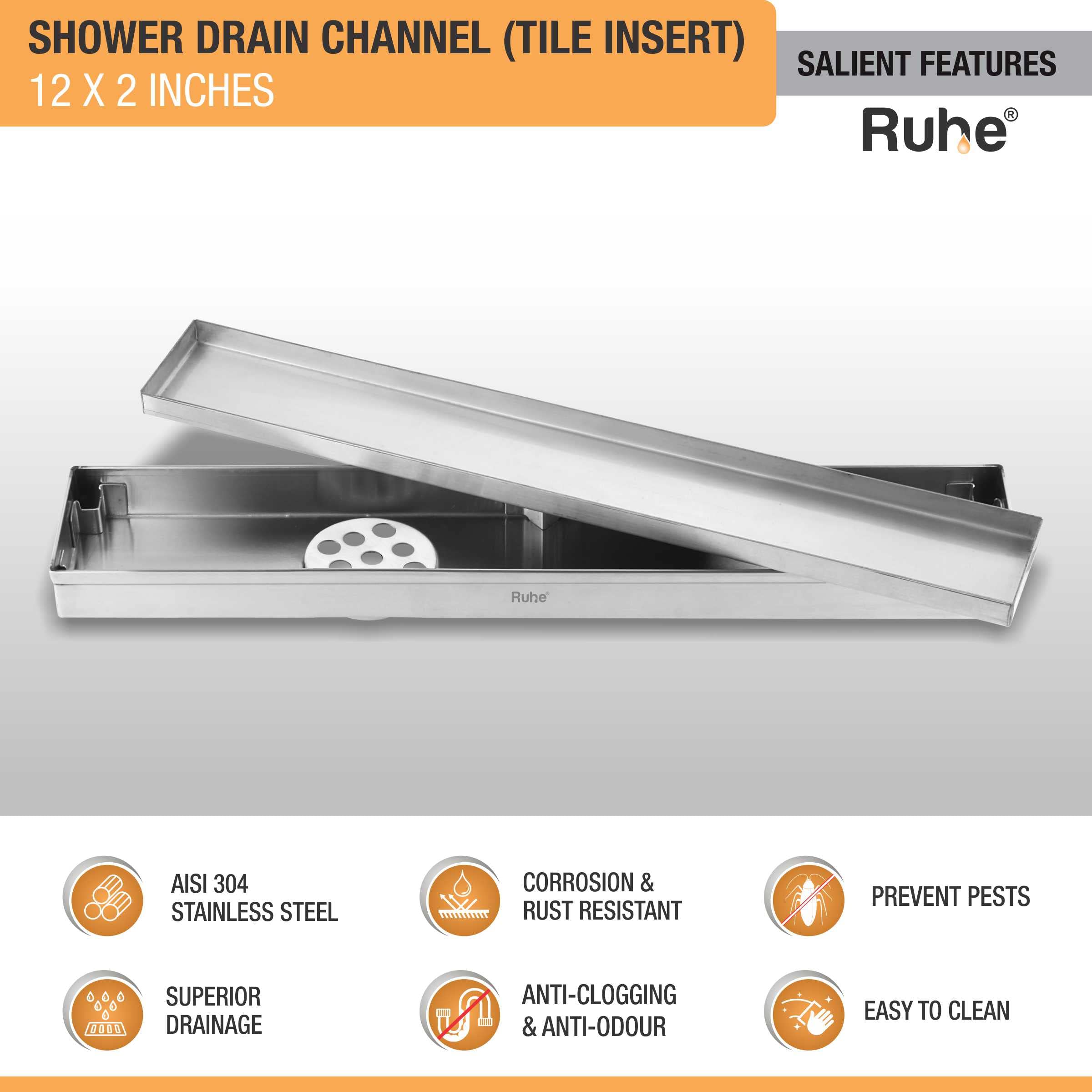 Ruhe® Tile Insert Floor Drain | 12 x 2 Inches Waste Water Floor Drain for 13mm Tile | 304 Stainless Steel Invisible Shower Drain Channel with Trap/Jali — Amazon image 3