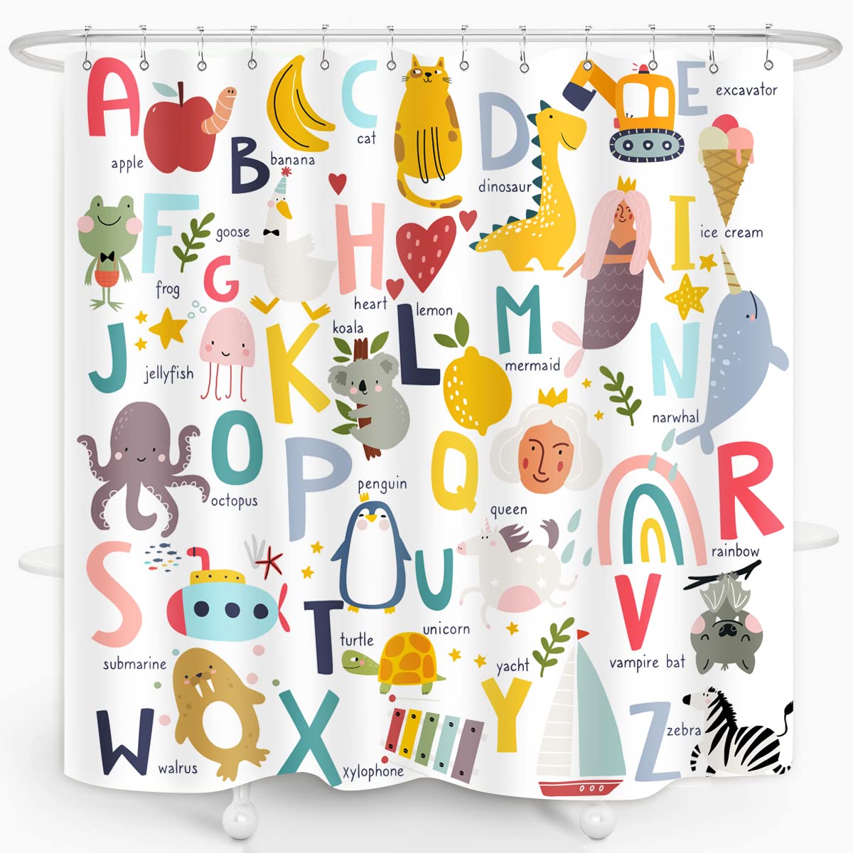 ZXMBF Alphabet Shower Curtain Kids ABC Educational Learning Tool Baby Cartoon Animals Girls Boys Colorful Bathroom Decor Waterproof Fabric 72Lx72W Inch with Hooks