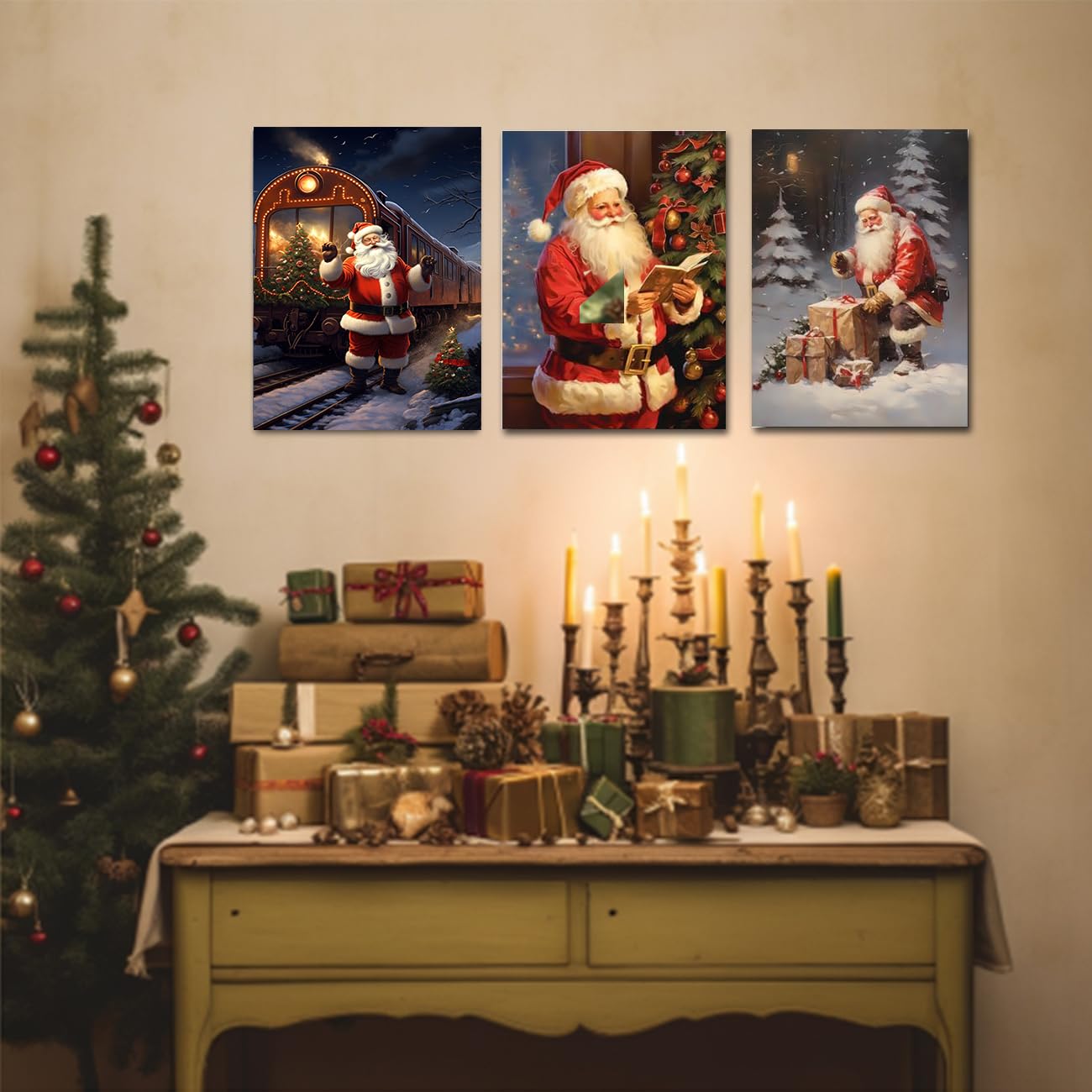 CXHOSTENT Santa Claus Canvas Wall Art Christmas Decor 3 Piece Santa Portrait Paintings Prints New Year Decor Gifts Framed (Santa Claus-2 - Image 4