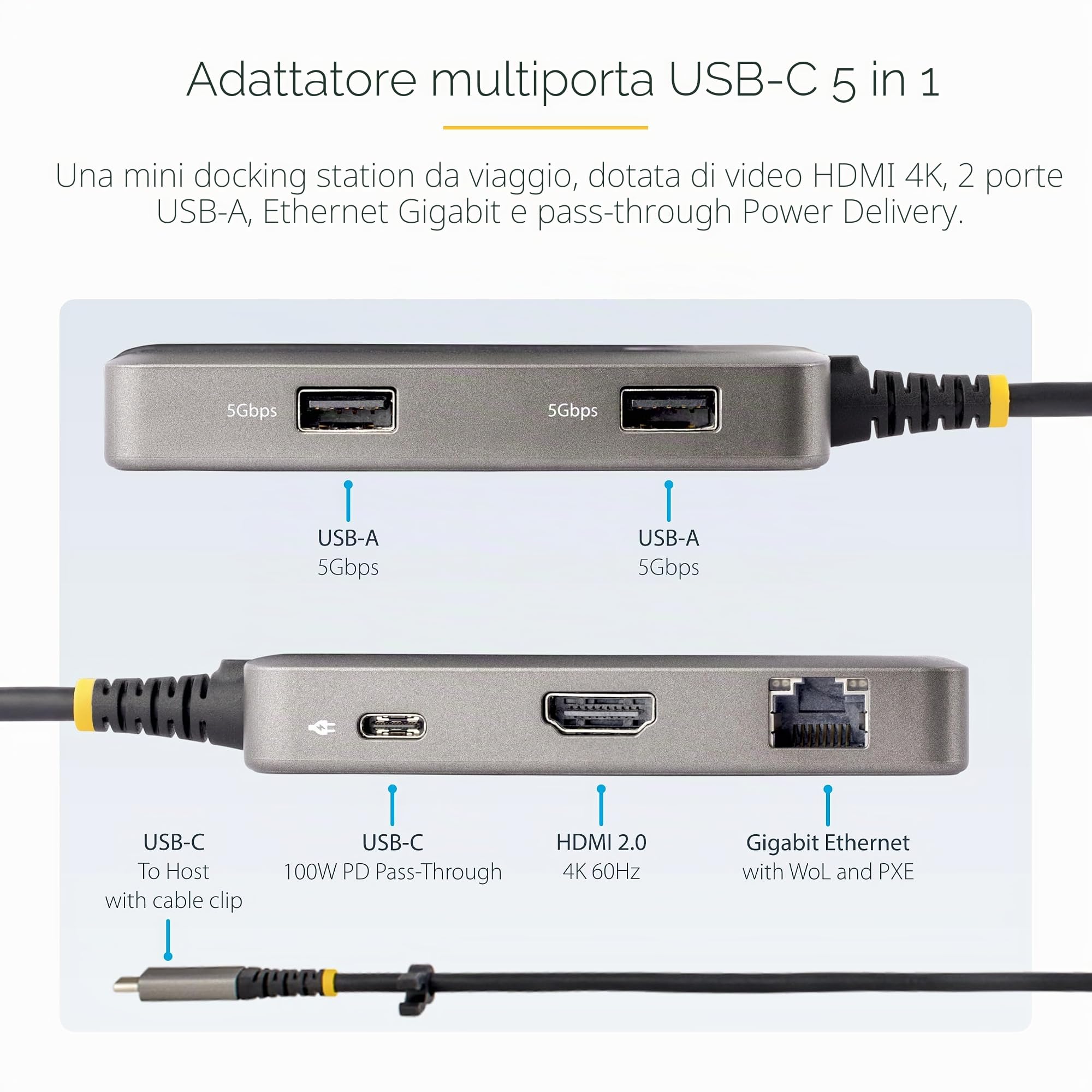 StarTech Docking Station USB-C 5-in-1 HDMI 4K 60Hz HDR10, 100W PD, GbE