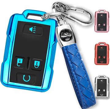 MILD EAST for Chevy Key Fob Cover with Keychain 4 ButtonBlue | for Chevrolet Chevy Silverado Colorado GMC Sierra Canyon Yukon Tahoe Suburban Car Key Case Shell Protector