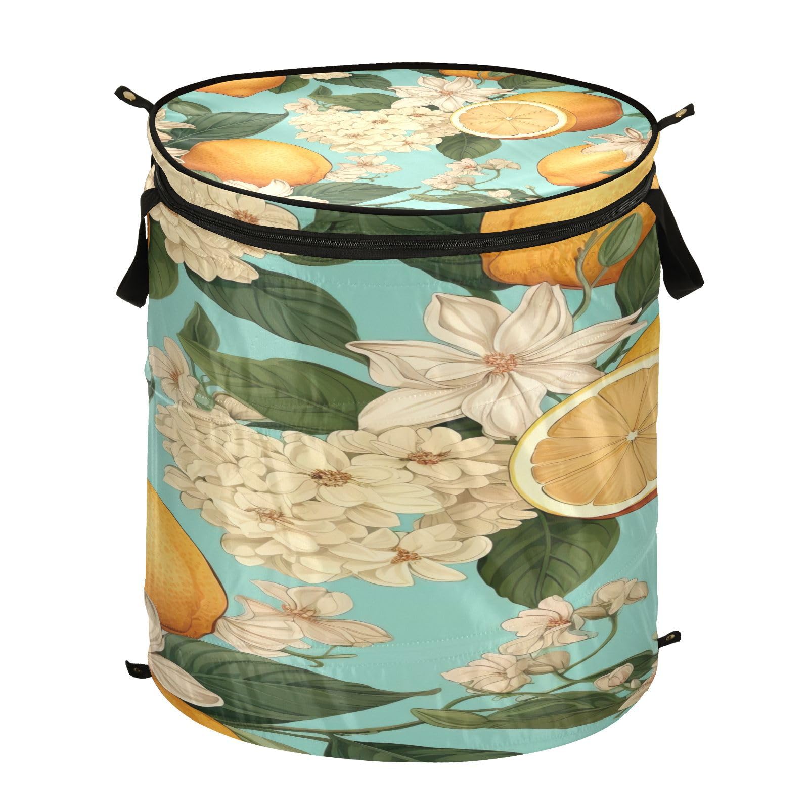 Lemon Fruits and Flowers Large Pop up Laundry Hamper with Zip Lid, 50L Clothing Hampers for Laundry, 15.7x18.5in