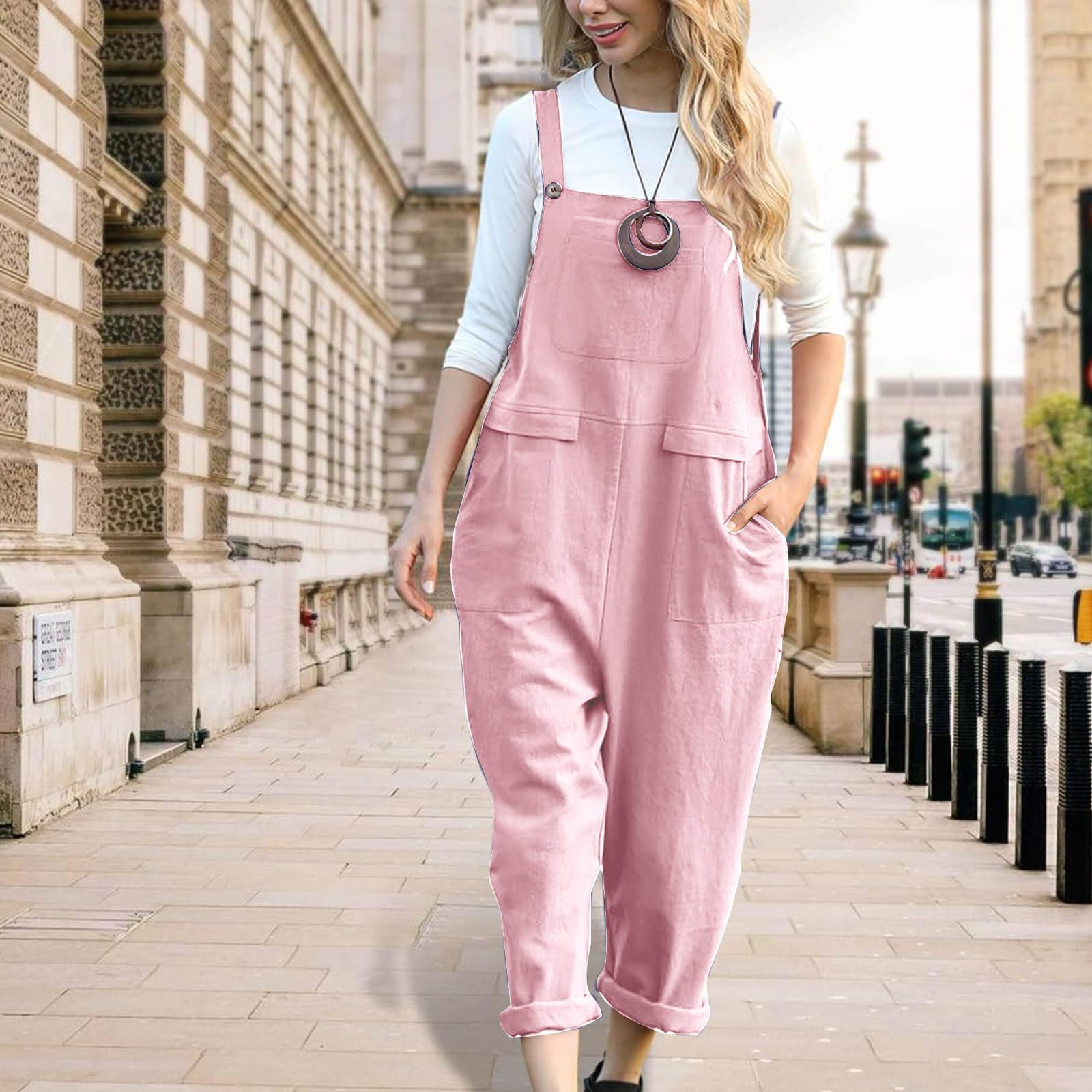 Jumpsuits Donna Senza Maniche Casual Baggy Locker Salopette Spaghetti Spalline Oversize Pantaloni Lunghi Estensibili con Tasche 2024 Salopette Donna
