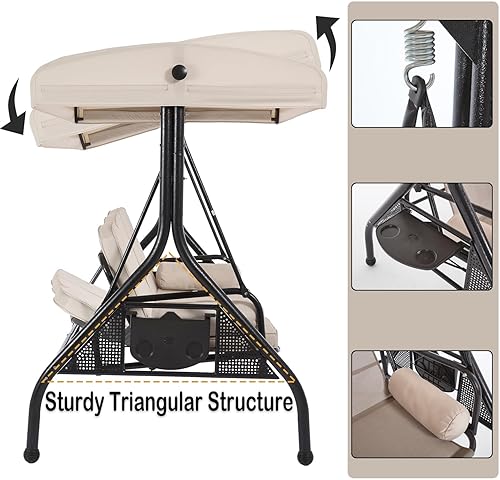 Miniatura 5 de Columpios de patio con toldo, banco de columpio para exteriores, columpios pesados al aire libre con toldo, columpio de patio trasero para adultos,