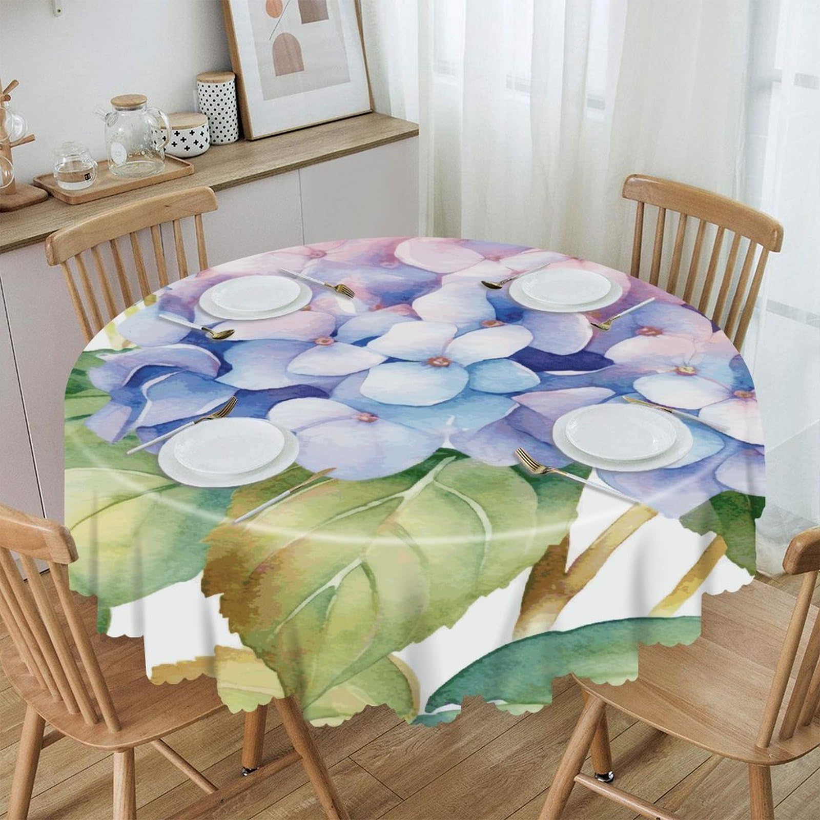 FekiLoot 60 Inch Round Hydrangea Watercolor Tablecloth Waterproof Heavy Duty Polyester Table Cloth Spill-Proof Wipeable Table Cover Decorative Circle Dining Tablecover for Party Outdoor