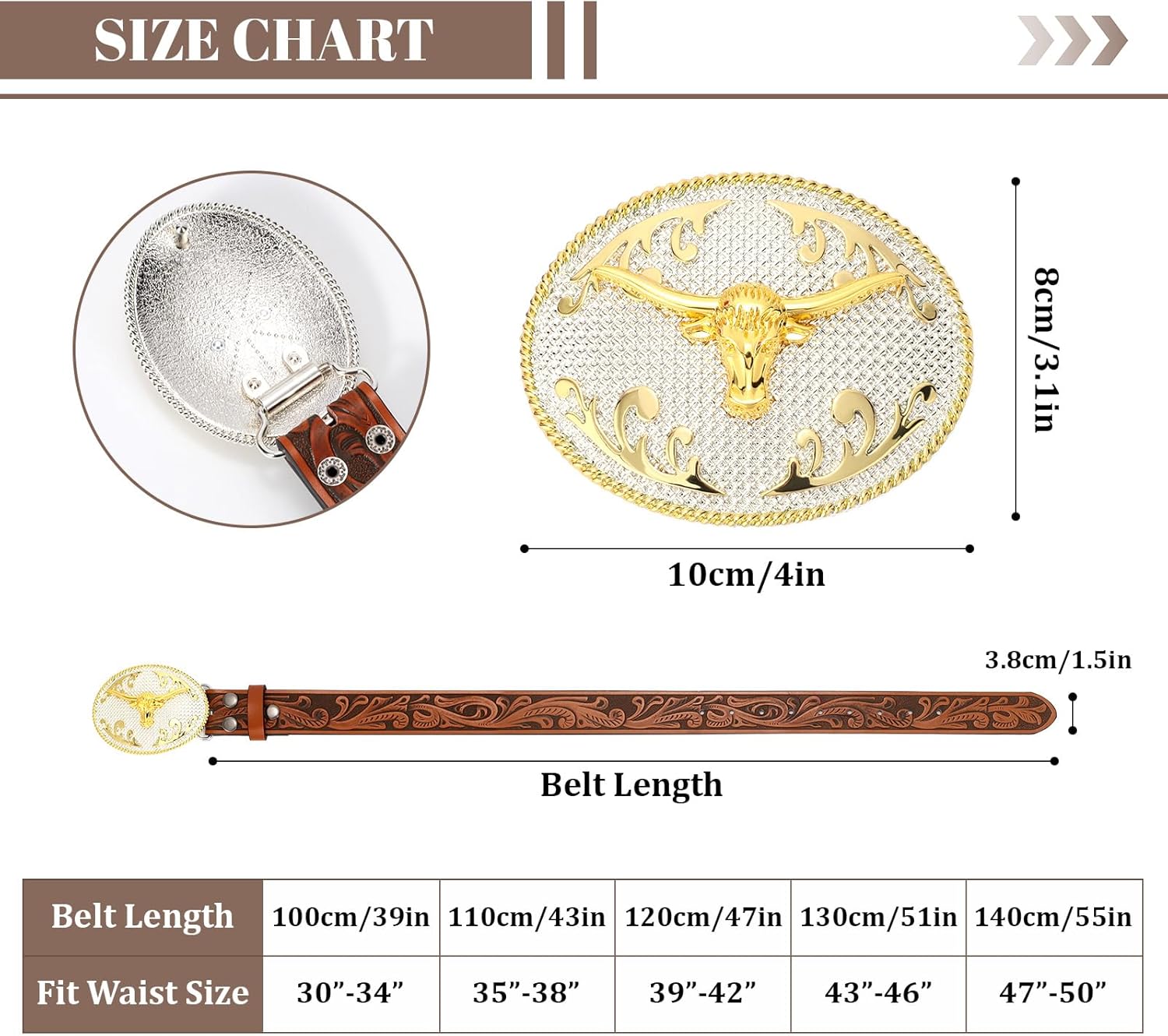 SANSTHS Cowboy Belts for Men Women, Western Leather Belt with Big Buckles Mexican Country Black Longhorn Bull Belt for Jeans - Image 6