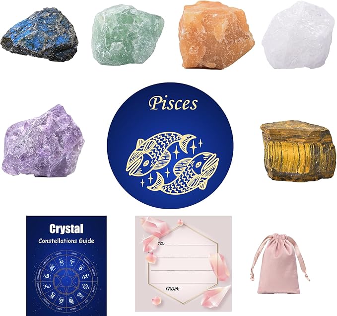 Crystals and Healing Raw Stones, Natural Gemstone Raw, 6PCS Crystals Constellation Sets for Gifts, Yoga Meditation (Pisces)