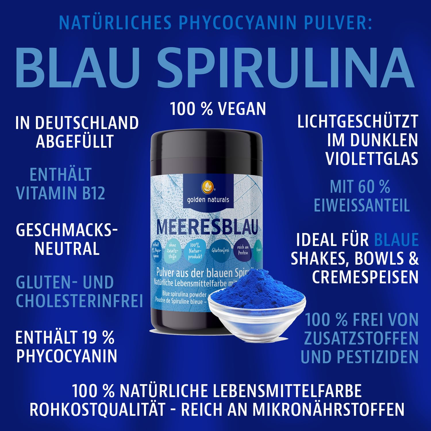 Golden Naturals Blue Spirulina 100 g, rein ohne Zusätze, blaue Mikroalge mit Phycocyanin, natürliche Lebensmittelfarbe