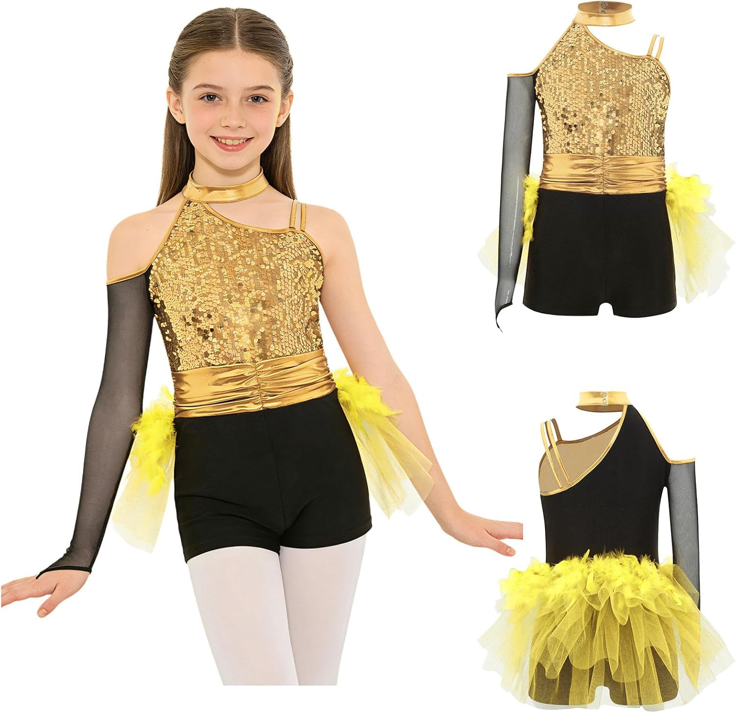 Girls Latin Jazz Dance Jumpsuit Ballet Leotard Dress Feather Tulle Skirt Modern Rumba Performance Costume