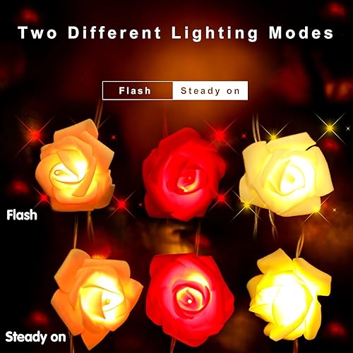 Miniatura 3 de KIMOBER Guirnalda de 30 luces LED de rosas para el día de San Valentín, iluminación alimentada por batería, rosa, blanca, roja, decoración para el