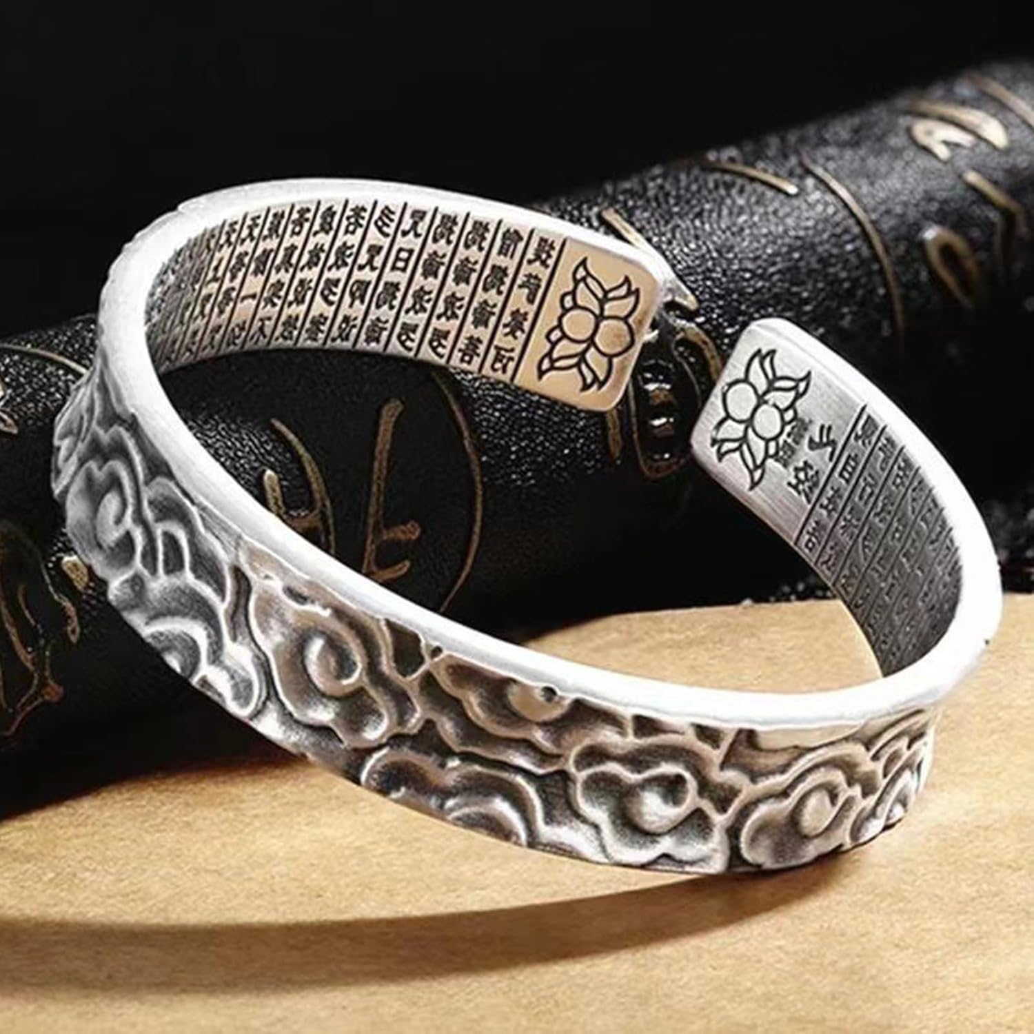 Auspicious Clouds Feng Shui Bracelet, Tibetan Buddhist Mantra Wealth Luck Happiness Lucky Amulet Bangle, Vintage 999 Sterling Silver Adjustable Bracelet