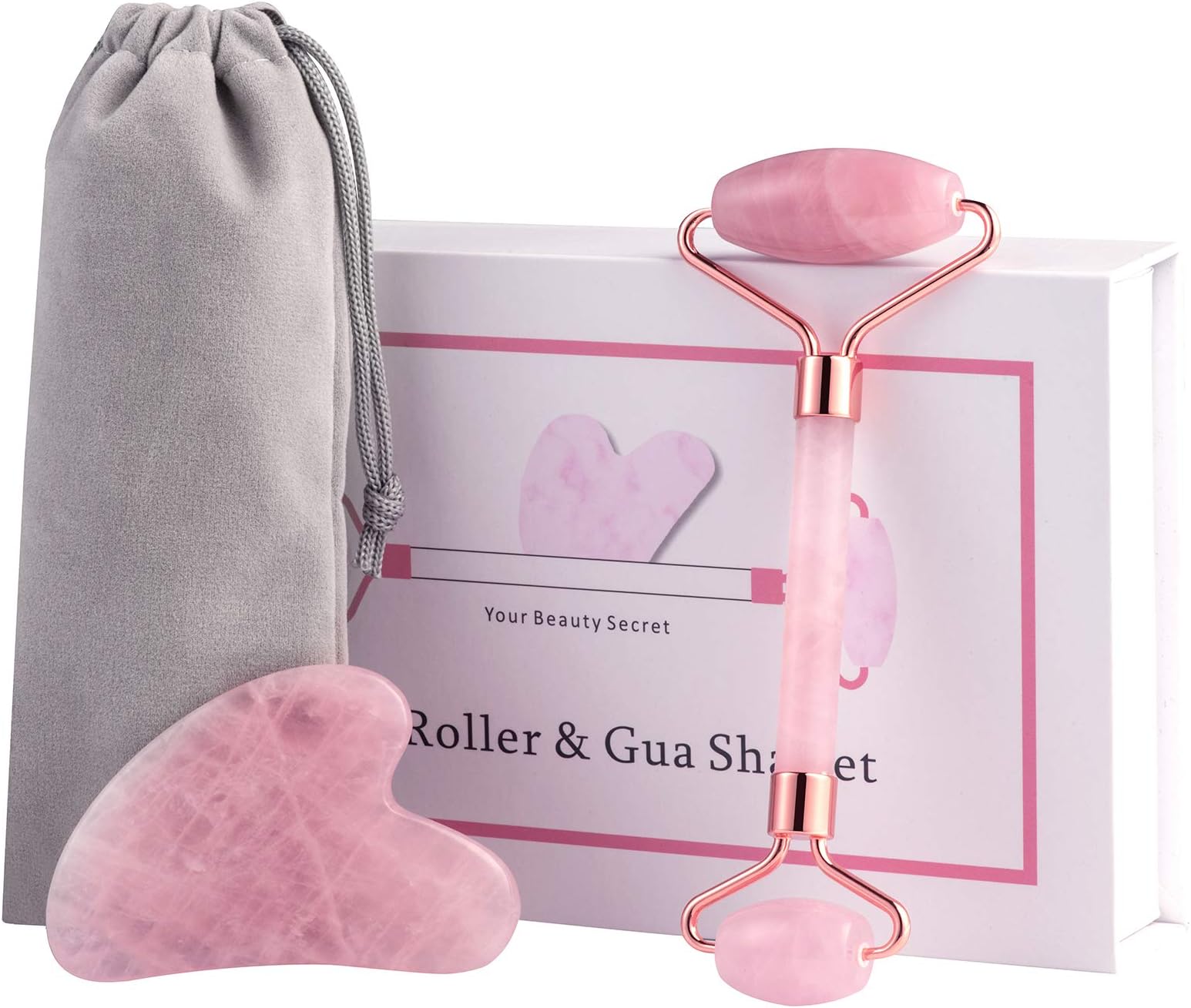 USYORE Jade Roller-Rose Quartz Roller and Gua Sha Beauty Set - 100% Original Natural Jade Stone -Jade Roller for Face, Eye Puffiness, Body, Skin - Reduce Wrinkles Aging- Durable, Noiseless Design