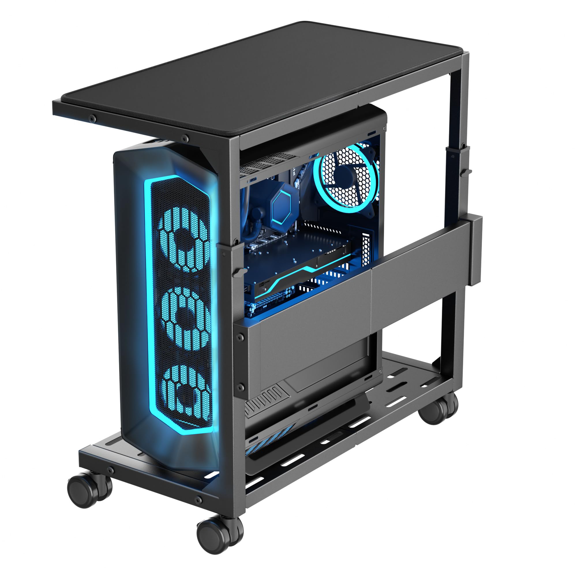 Aquzee PC Ständer, Höhenverstellbarer Computer Tower Ständer, Metall PC Rollwagen, Computer Stand Beistelltisch Schwarz, 2 Regal PC Halterung Unter Schreibtisch, Computerschrank für Gehäuse