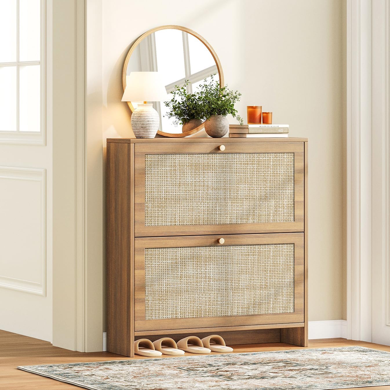 Nicetree Shoe Cabinet Storage for Entryway, 2-Flip Drawer Narrow Shoe Rack with Adjustable Shelves, Boho Modern Square Rattan Shoe Organizer, Slim Wood Storage Cabinets for Small Spaces