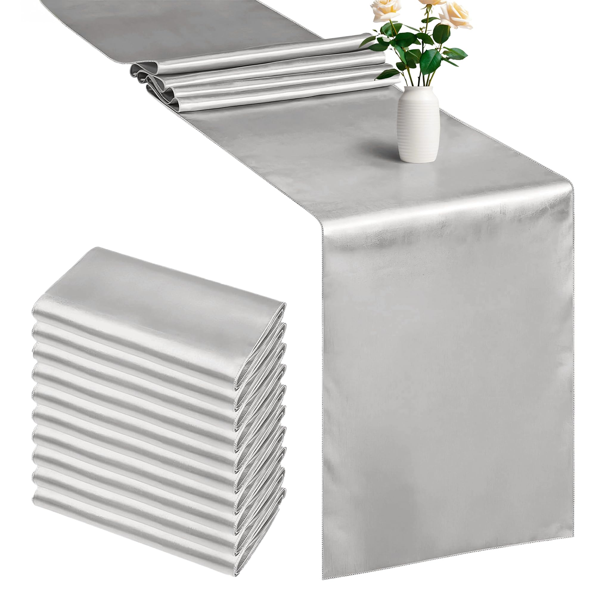 Trimming Shop Silver Table Runner for Dining Table 11 x 108 Inch Satin Silk Table Runner Wrinkle Free Drapes Elegantly Satin Table Runner for Wedding, Dining & Party Decorations (Pack of 10)