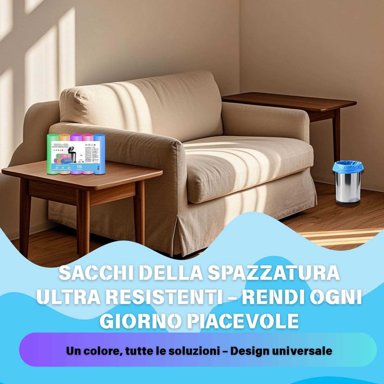 XUXRUS Sacchi Immondizia 15L Sacchetti Sacchetti Umido Colorato Resistenti e Durevoli, Anti-Strappo e Anti-Perdite, 100 Pezzi Sacchetti Spazzatura Piccoli per Bagno, Cucina, Ufficio, Facili da Usare