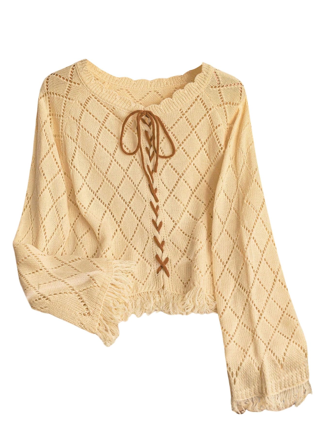 OYOANGLE Womens Lace Up Crochet Sweater Long Sleeve Hollow Out Fringe Lightweight Sweaters