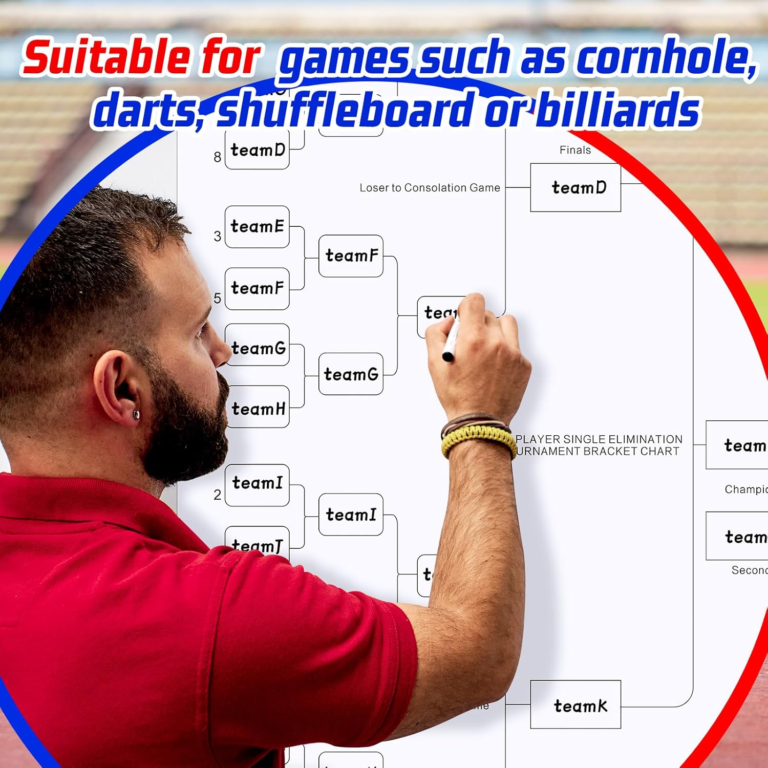 16 Team Erasable Tournament Bracket Board 22 x 34 Inch Single Elimination Bracket Chart Large Reusable Blind Draw Dry Erase Board with Marker Pen Cleaning Cloth for Cornhole and Other Games