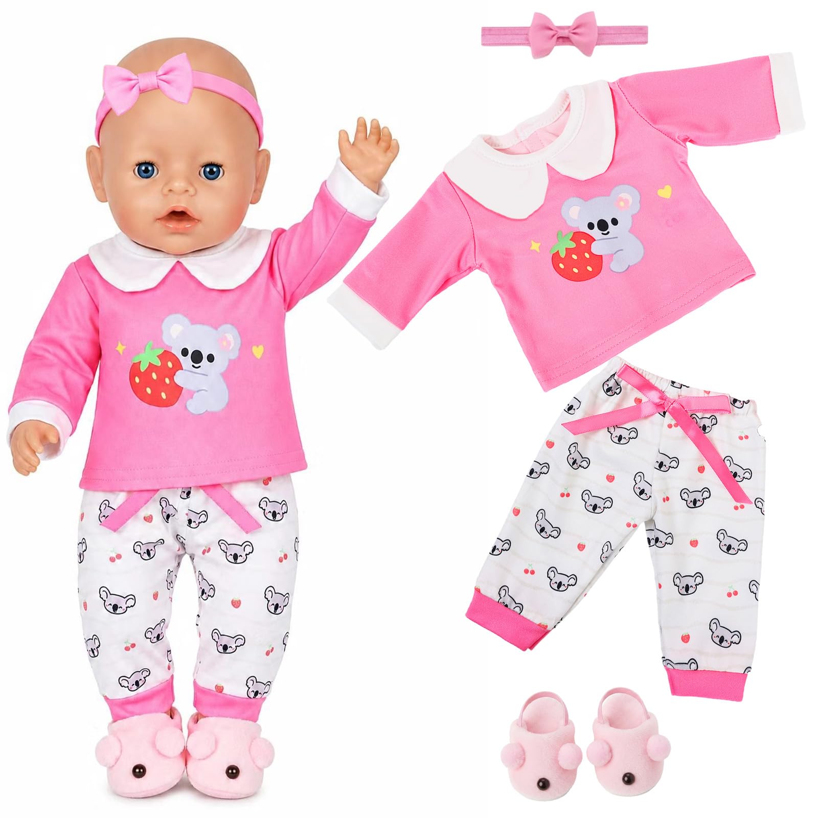 4 Pcs Newborn Baby Doll Clothes for 14-18 Inch Dolls, Baby Doll Accessories with 1 Koala Top 1 Pants 1 hairband 1 plush slippers for 35-45cm Dolls Clothes Kids Birthday Gift